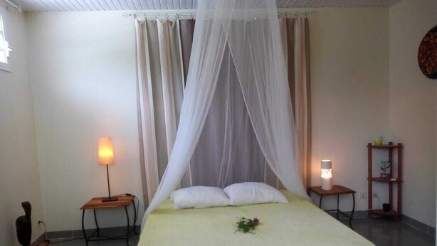 Ein Schlafzimmer mit einem Bett, zwei Nachttischen, einer Lampe, einem kleinen Regal und einem Sessel.