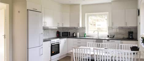 Fridge, stovetop, dishwasher, coffee/tea maker