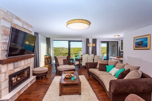 TV, fireplace, video-game console, table tennis