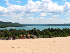 On the beach, sun loungers