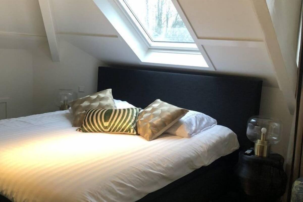 A bedroom with a skylight, a bed with white bedding and striped pillows, and a bedside table with a lamp.