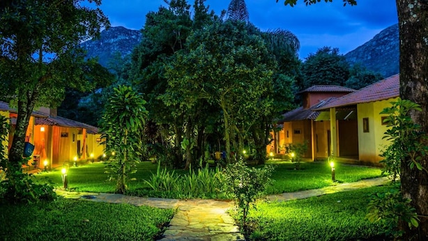 Un patio bien iluminado con un sendero de piedra, rodeado de abundante follaje y dos edificios con techos de tejas rojas.