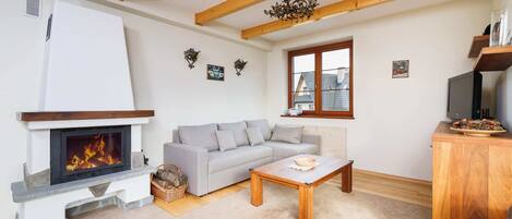 Télévision, cheminée, espaces bureaux