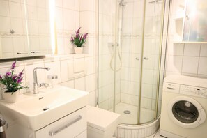 Bathroom features a sink, mirror, and glass-enclosed shower with handheld showerhead.
