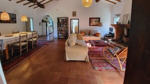 A spacious living area with a high ceiling, a dining table with chairs, a sofa, a bookshelf, and a fireplace. - Villa degli Archi, Private pool, mountain views, WIFI, 3 terraces, mature garden (Borgo a Mozzano)