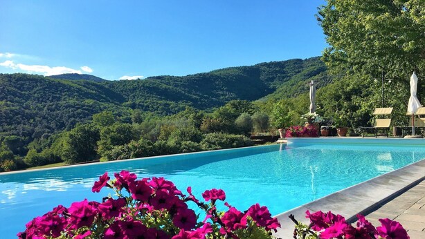 A swimming pool with a view of green hills and trees. - Spacious Tuscan Villa with Large Pool near Castiglion Fiorentino. (Castiglion Fiorentino)