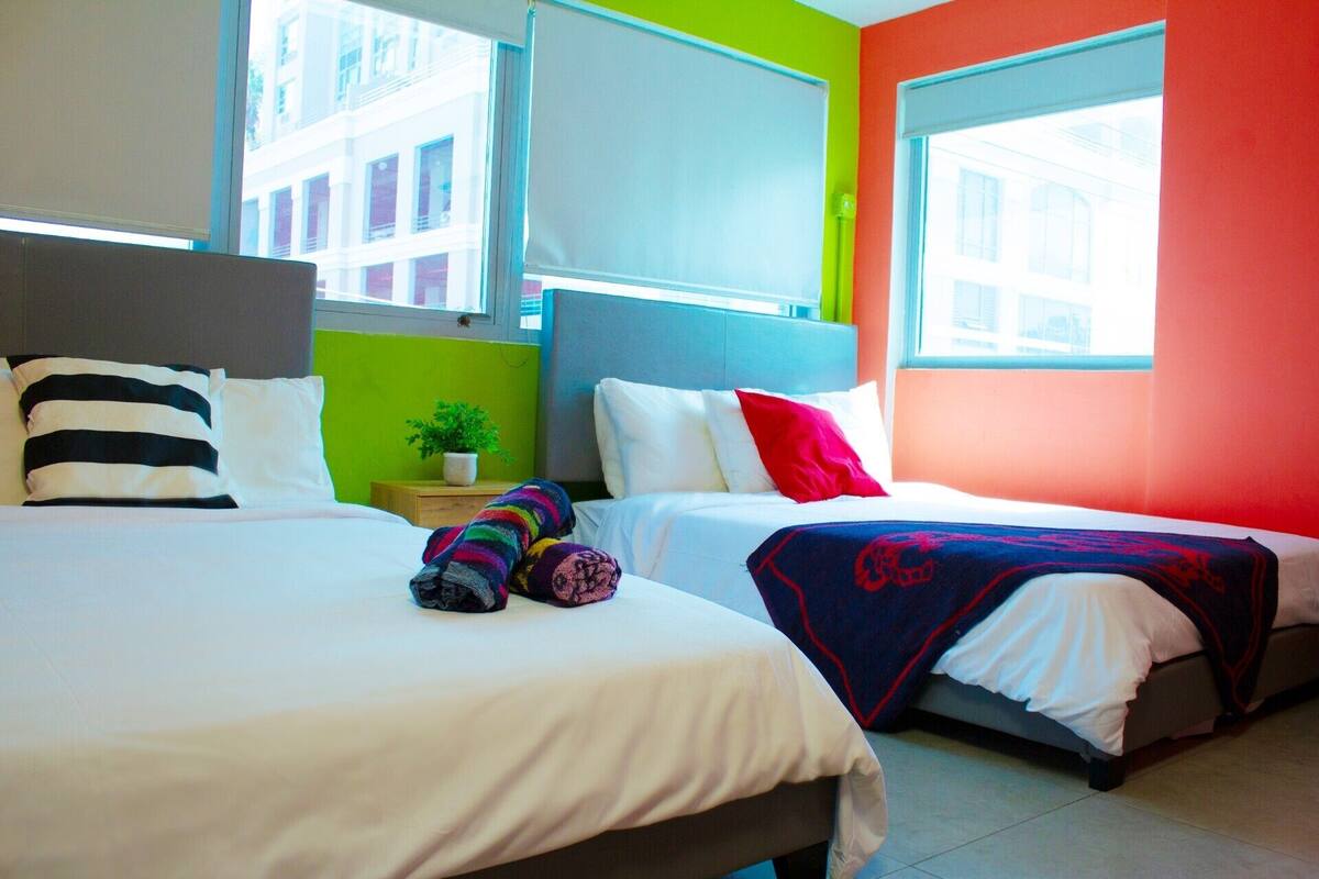 Habitación de hotel con dos camas, una mesita con una planta y una ventana con vistas a edificios.