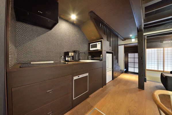 Fridge, microwave, stovetop, electric kettle