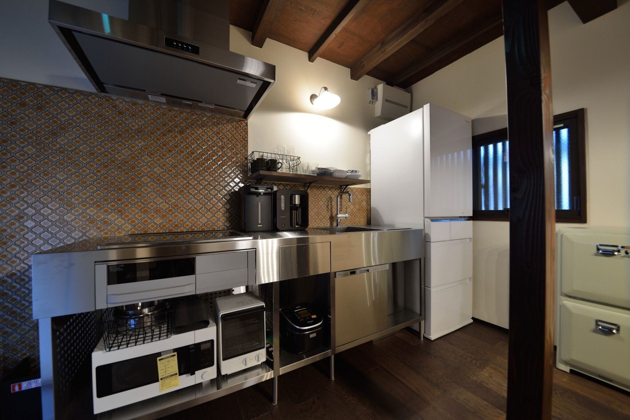 Fridge, microwave, stovetop, cookware/dishes/utensils