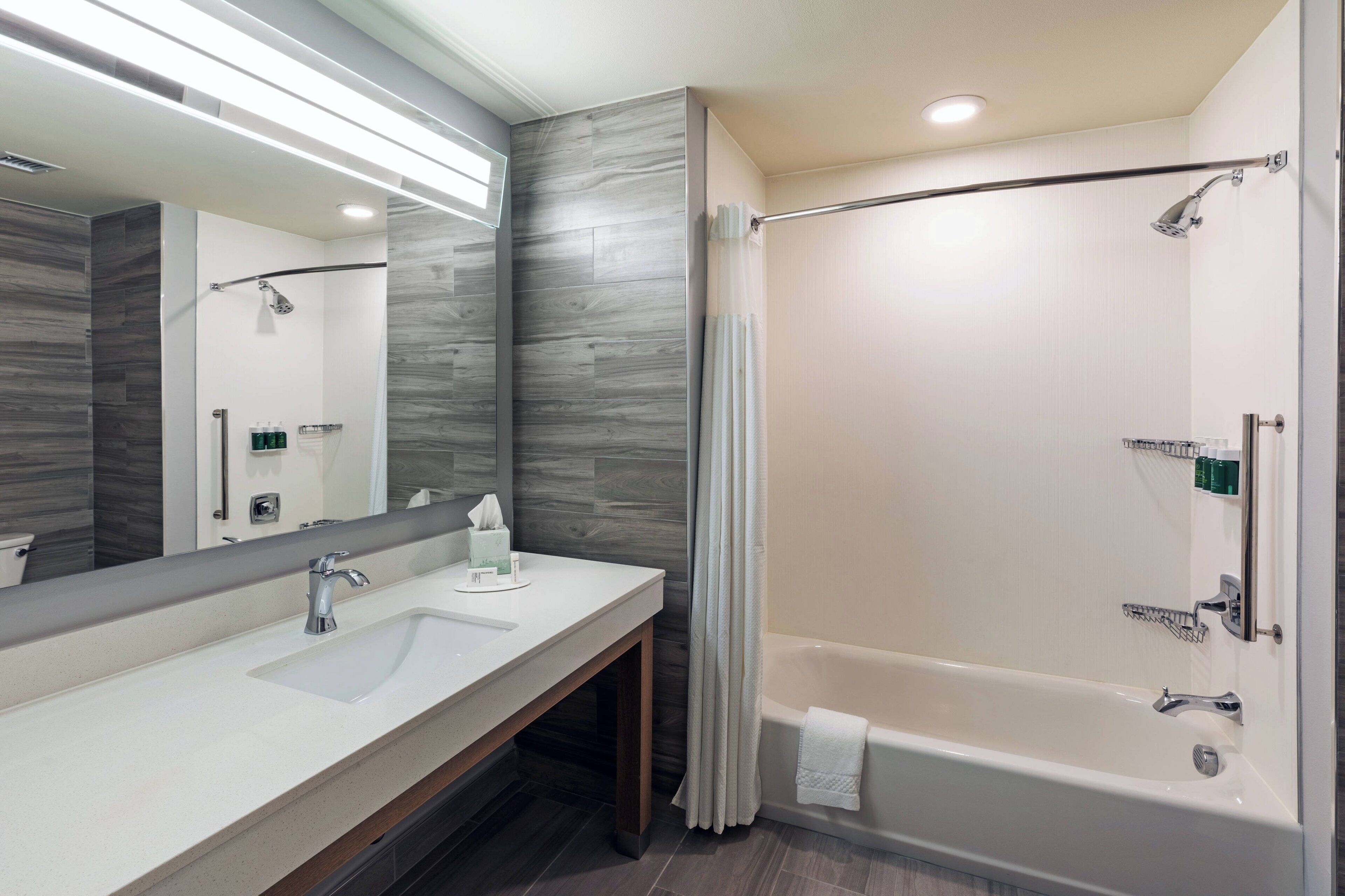 combined shower/bathtub, free toiletries, hair dryer, towels