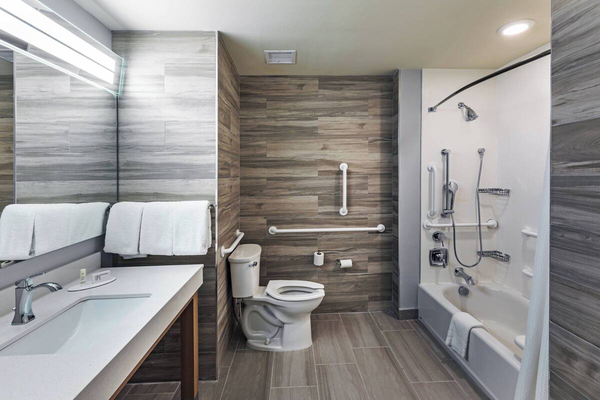 combined shower/bathtub, free toiletries, hair dryer, towels