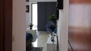 Un pasillo que conduce a una sala de estar con un ventilador, una planta y un sofá.