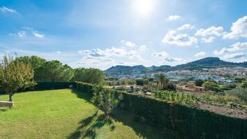 A grassy area with a hedge and a view of a town and mountains in the distance.