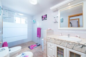 Shower, hair dryer, bidet, towels