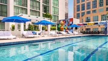 Outdoor pool, open 8:00 AM to 7:00 PM, pool umbrellas, sun loungers