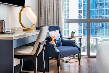 In-room safe, desk, laptop workspace, blackout drapes at Hyatt Centric Las Olas Fort Lauderdale