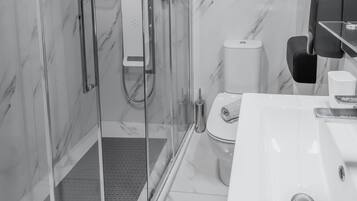 Un baño moderno con ducha de vidrio, un lavamanos blanco y un inodoro.