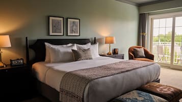 A hotel room with a large bed, two bedside tables, a chair, a window with a view, and two framed artworks on the wall.
