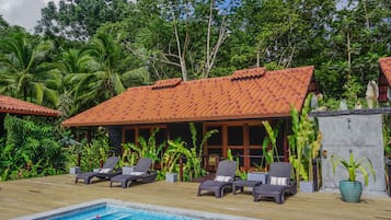 Relax by the pool surrounded by lush greenery and modern architecture.