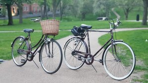 Zwei Fahrräder stehen auf einem befestigten Weg in einem Park mit Gras und Bäumen im Hintergrund.