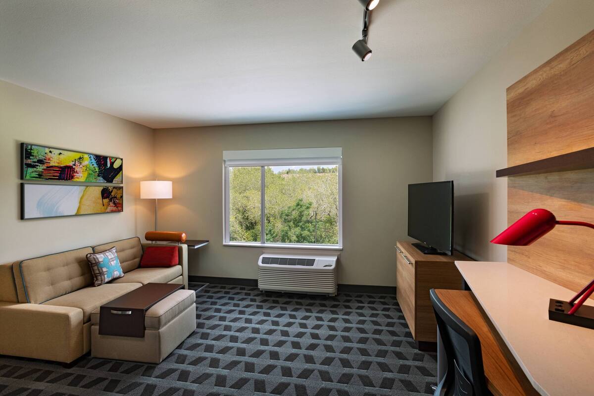 Habitación de hotel moderna con sofá, escritorio, televisor y ventana con vista a árboles.