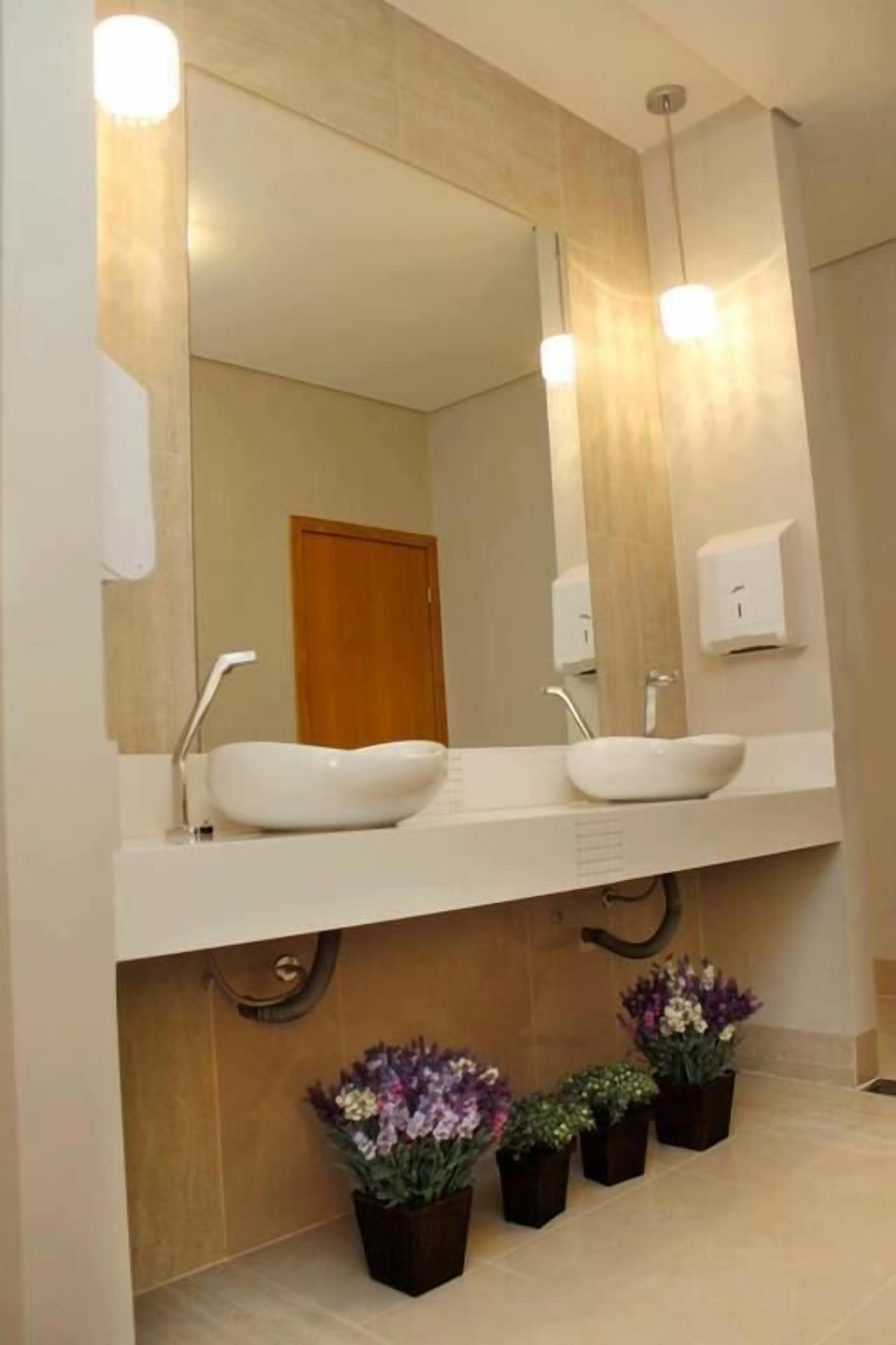 A bathroom with two sinks, a large mirror, and potted plants.