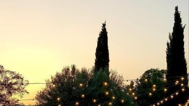 A swimming pool with string lights and trees in the background. - Hotel Villa Flora Relais (Caltanissetta)