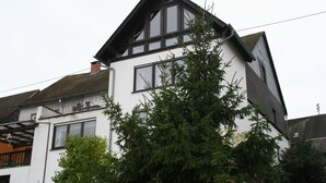 A two-story house with a steeply pitched roof, dormer windows, and a visible chimney.