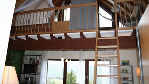 A loft-style room with a wooden ceiling, a bunk bed, a ladder, and a view of the countryside.