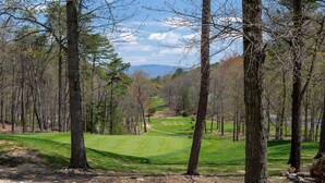 A golf course with a clear path, surrounded by tall trees and a distant mountain range.