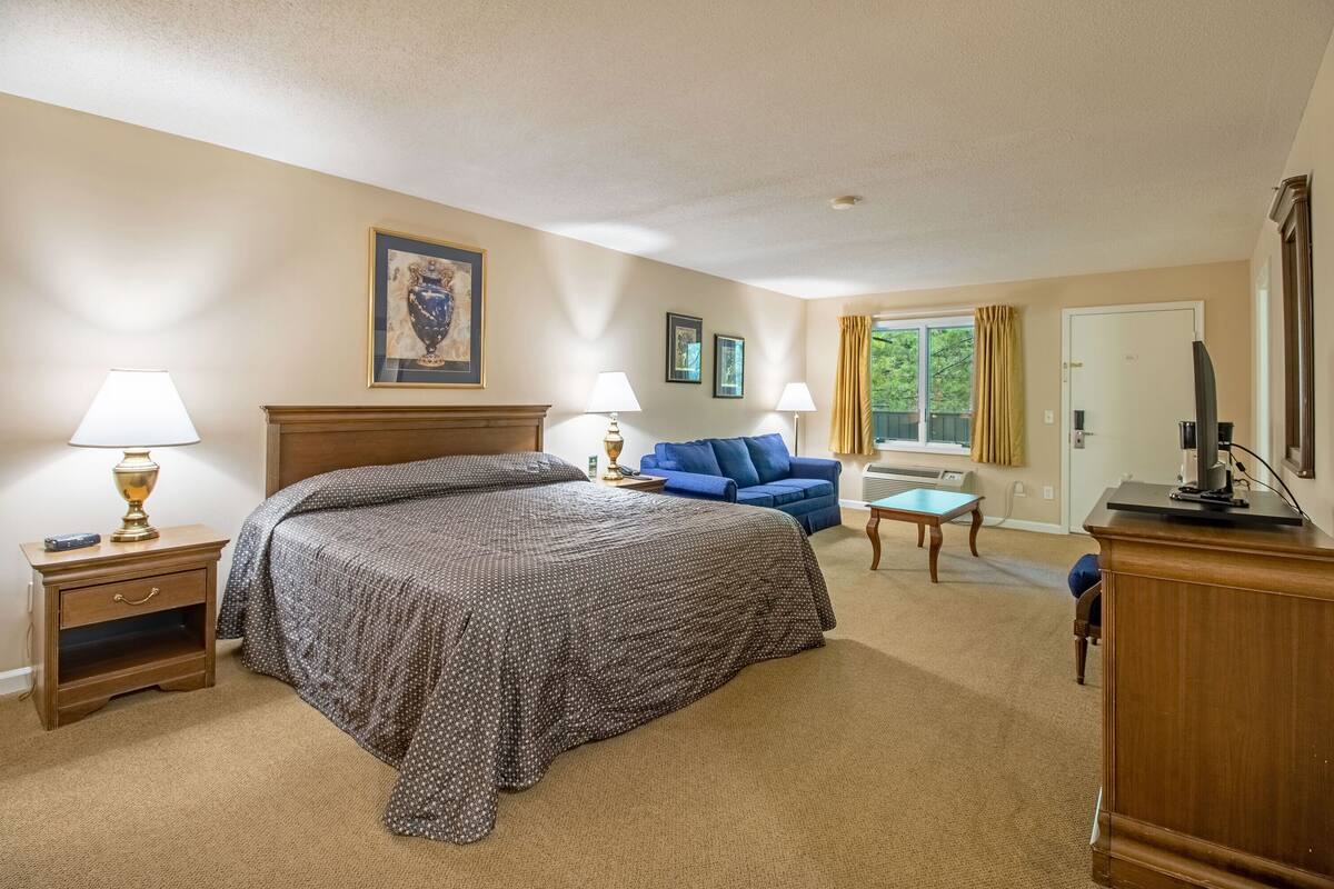 Une chambre d’hôtel avec un grand lit, un canapé bleu, une petite table et un bureau avec un ordinateur.