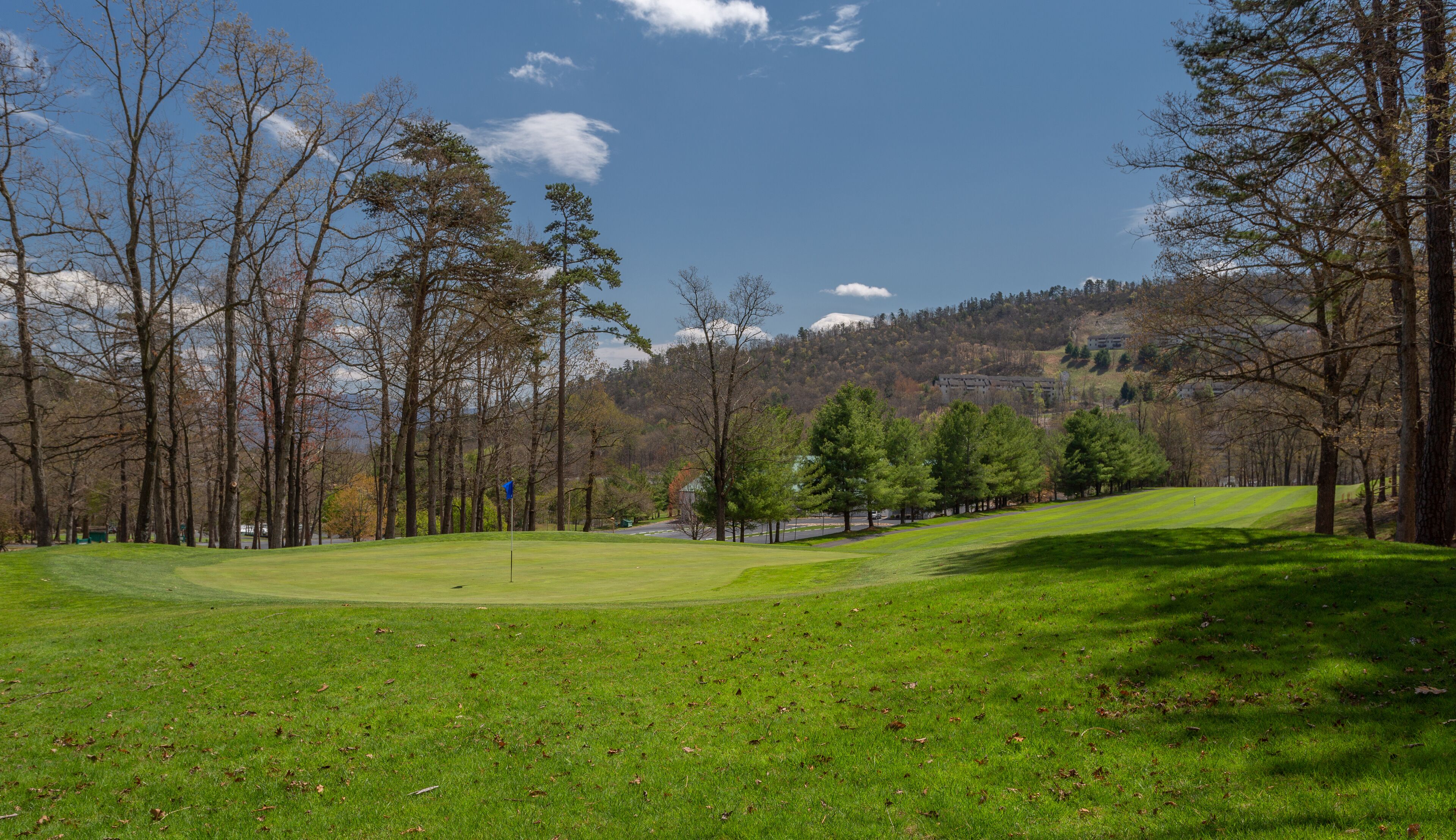 A golf course with a clear sky, trees, and a distant building.