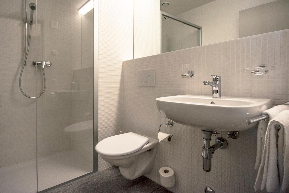 A modern bathroom with a glass-enclosed shower, a white toilet, and a sink with a towel rack.