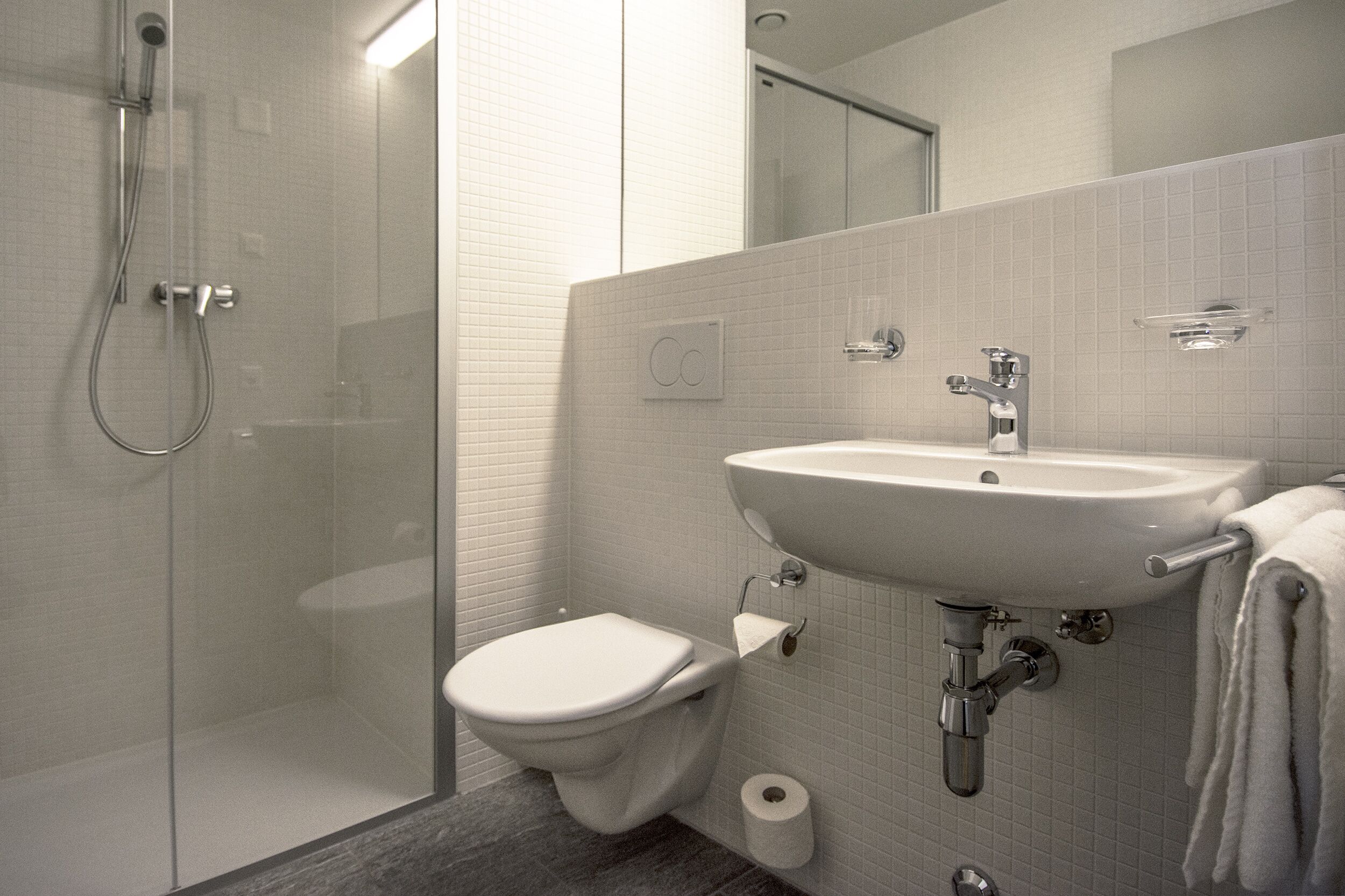 Un baño moderno con ducha de vidrio, inodoro blanco y lavamanos con barra para toallas.
