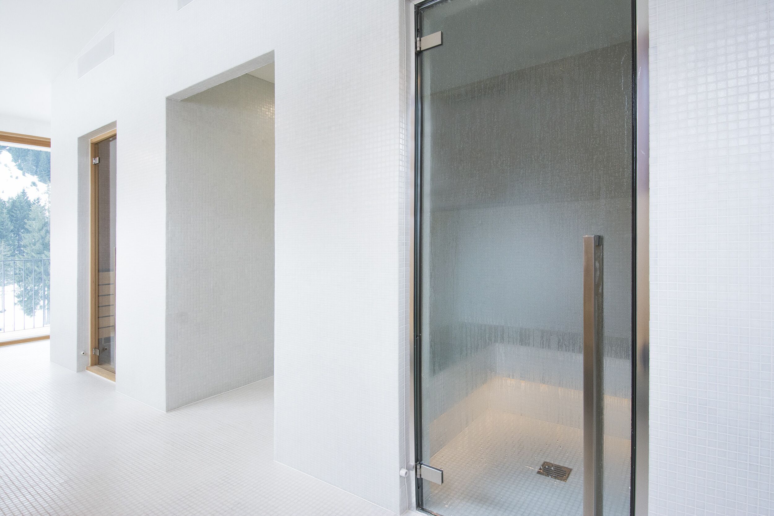 Un interior moderno con una puerta de vidrio que da a la zona de ducha, una puerta de madera y vistas a un paisaje nevado a través de una ventana.