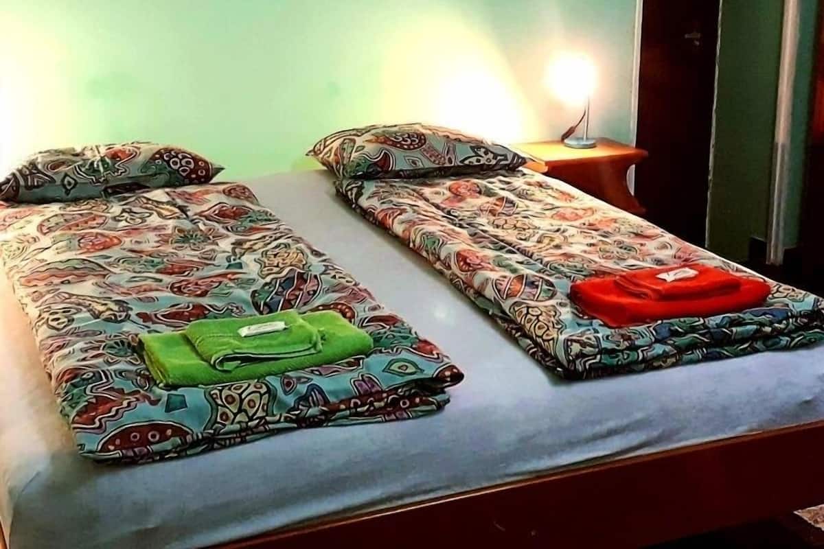 A room with two single beds, each with patterned bedding and pillows. There is a nightstand with a lamp, and a door to the right.