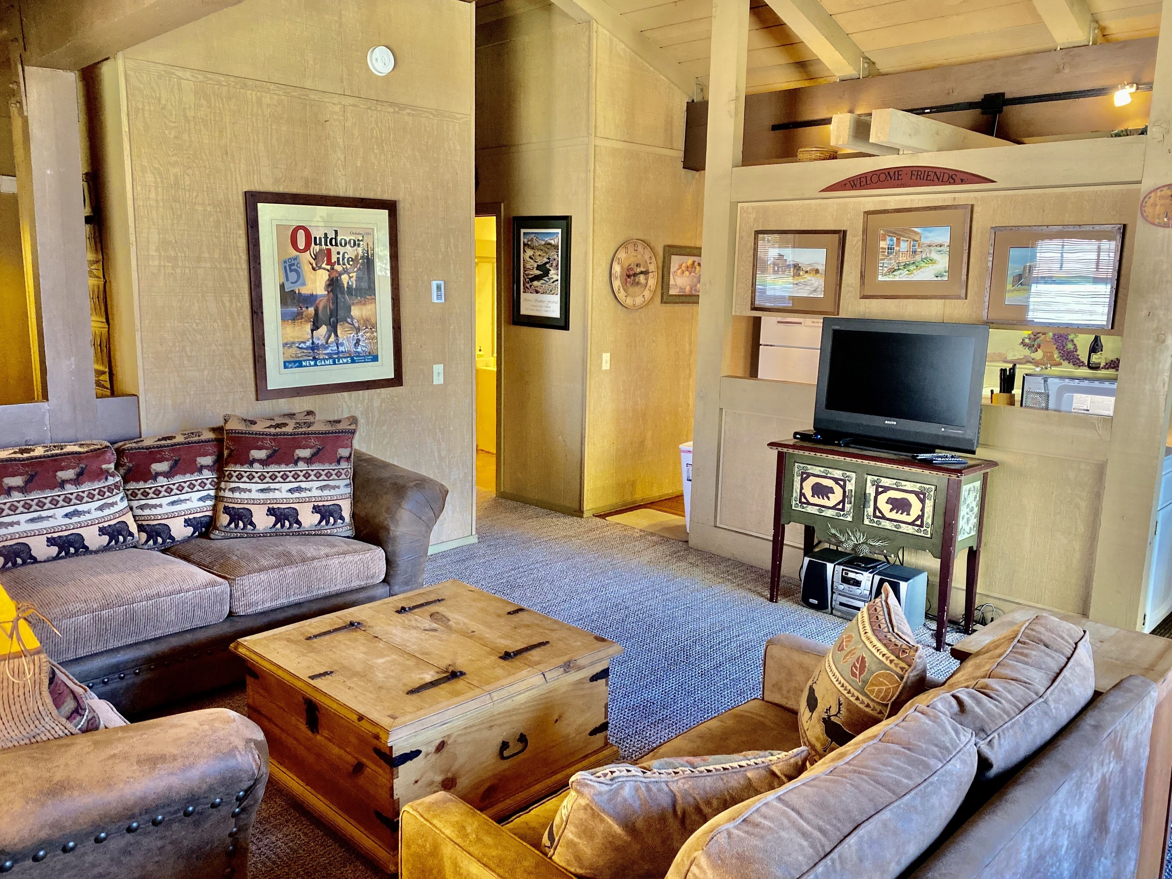 Smart TV, fireplace, DVD player, stereo