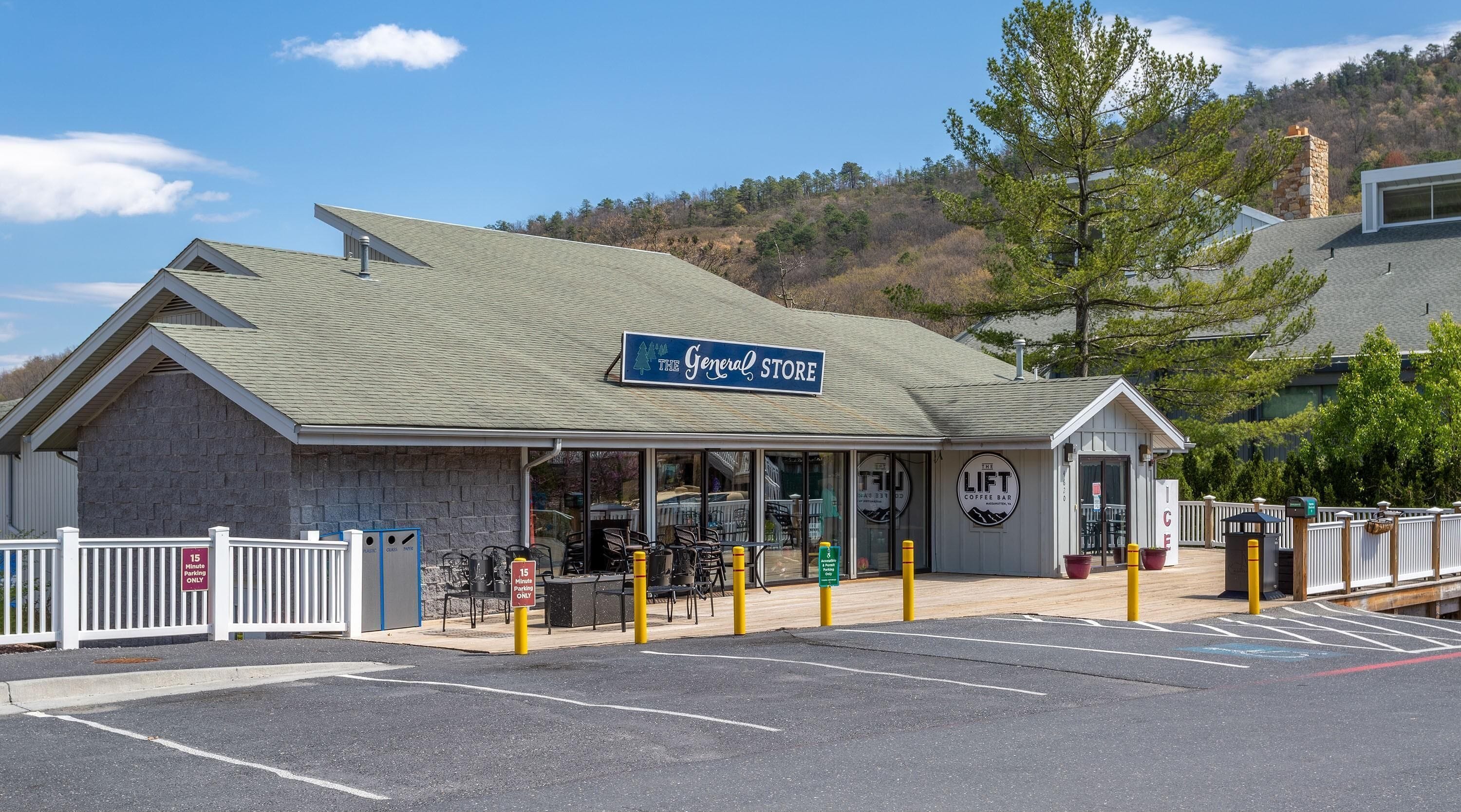 A building with a sign reading "The General Store" and a "LIFT Coffee Bar" sign.