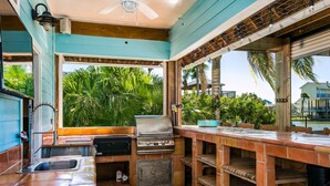 A kitchen with a grill, a sink, and a window overlooking a tropical garden.