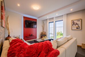 Smart TV, fireplace, books, stereo