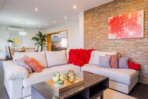 TV connectée, cheminée, livres, chaßne hi-fi