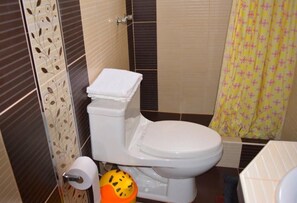 Regadera, secadora de cabello, toallas, jabón 