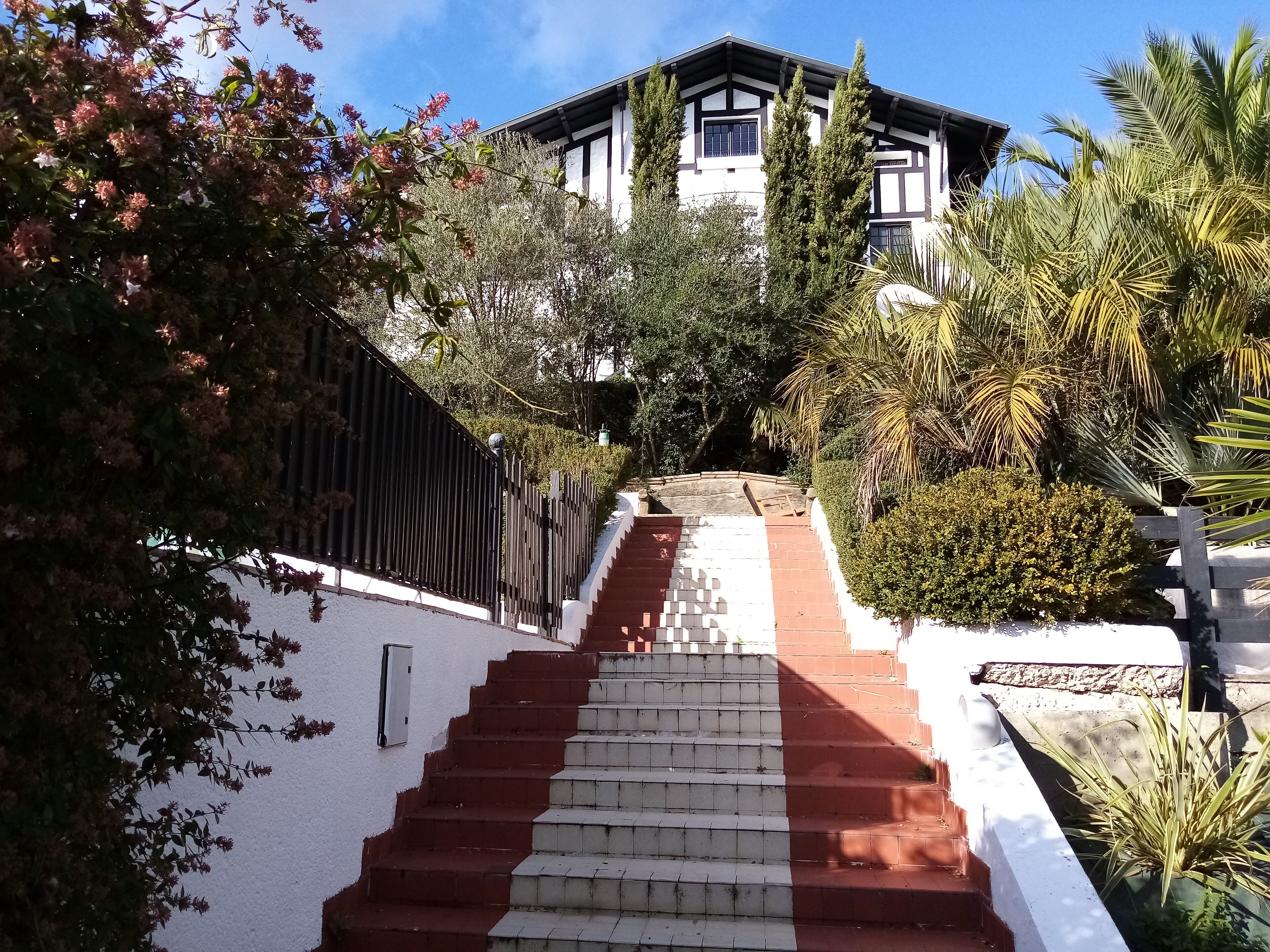 Una escalera conduce a una casa de fachada blanca y detalles oscuros, rodeada de diversos árboles y plantas.