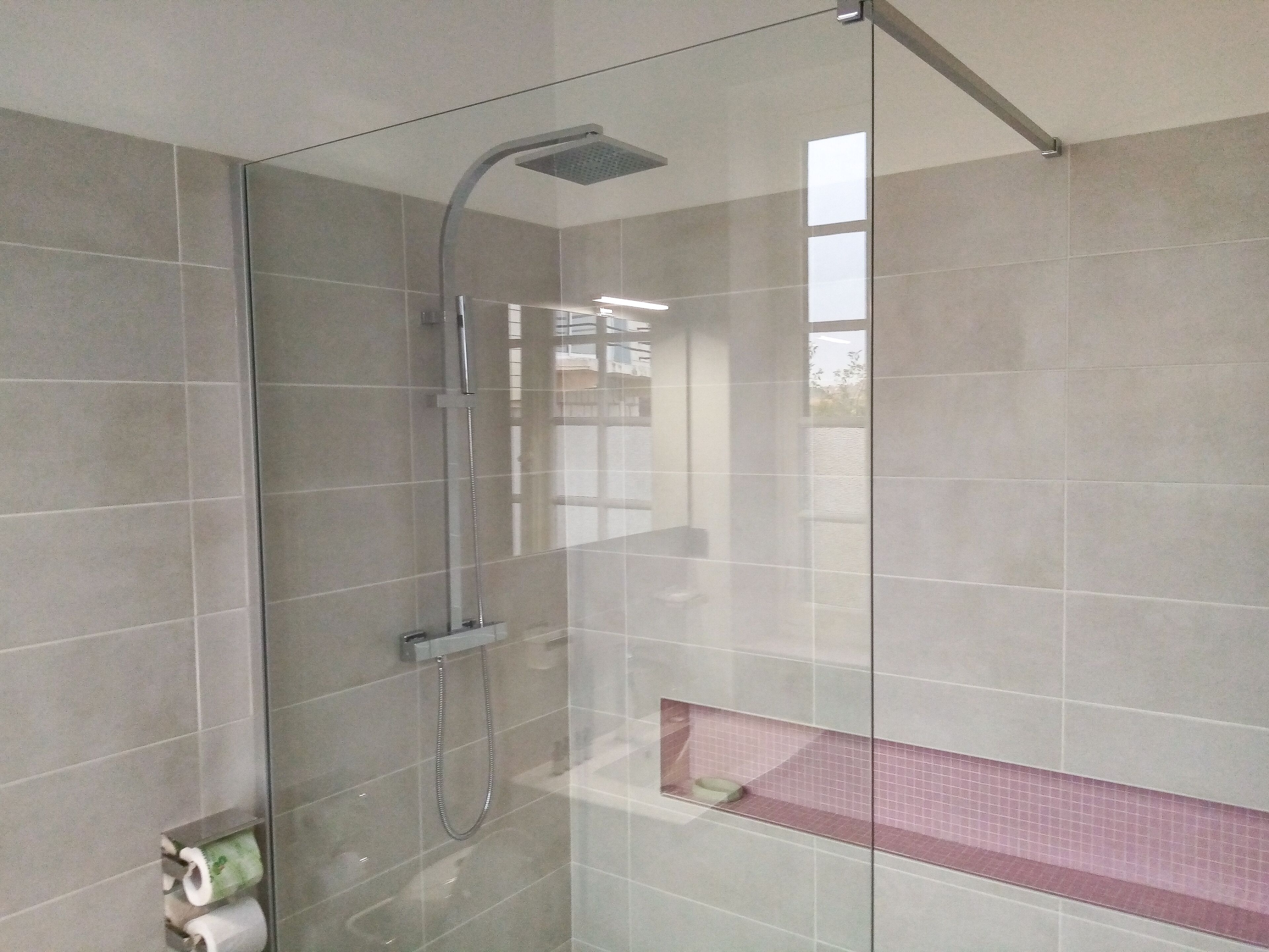 A modern bathroom with a glass shower enclosure, a visible toilet paper holder, and a pink-tiled shelf.