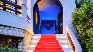 A staircase leading to a building entrance with a cat sitting on the ground. - Quand la Ville Dort (Agen)