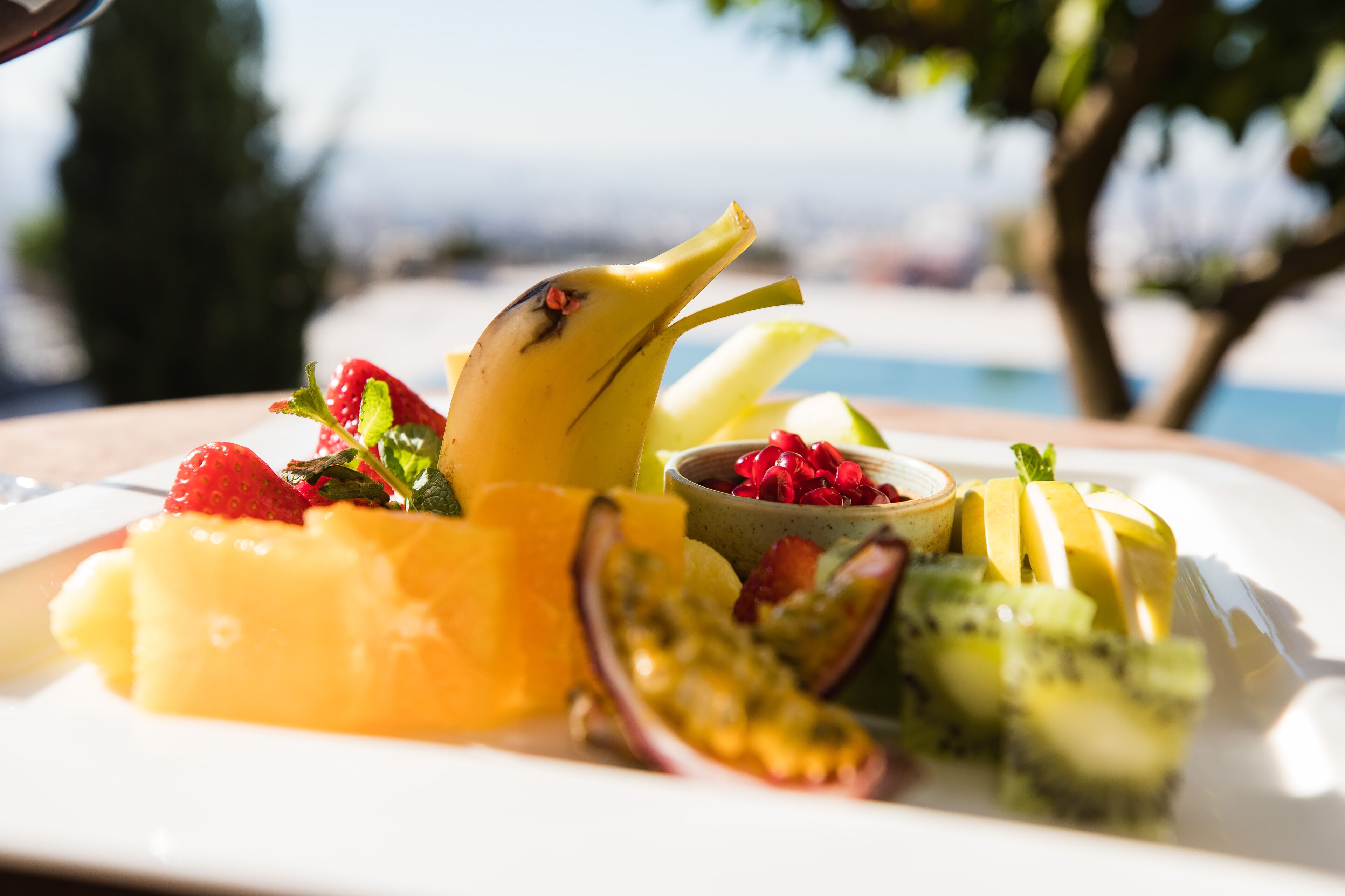 Una bandeja de frutas con diversas frutas y un tazón pequeño de semillas de granada.