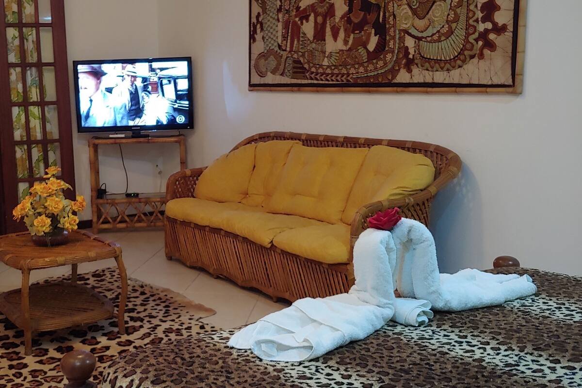 Una sala de estar con un sofá de mimbre, un televisor sobre un mueble de madera, un felpudo estampado de leopardo y un florero con flores sobre una mesita.