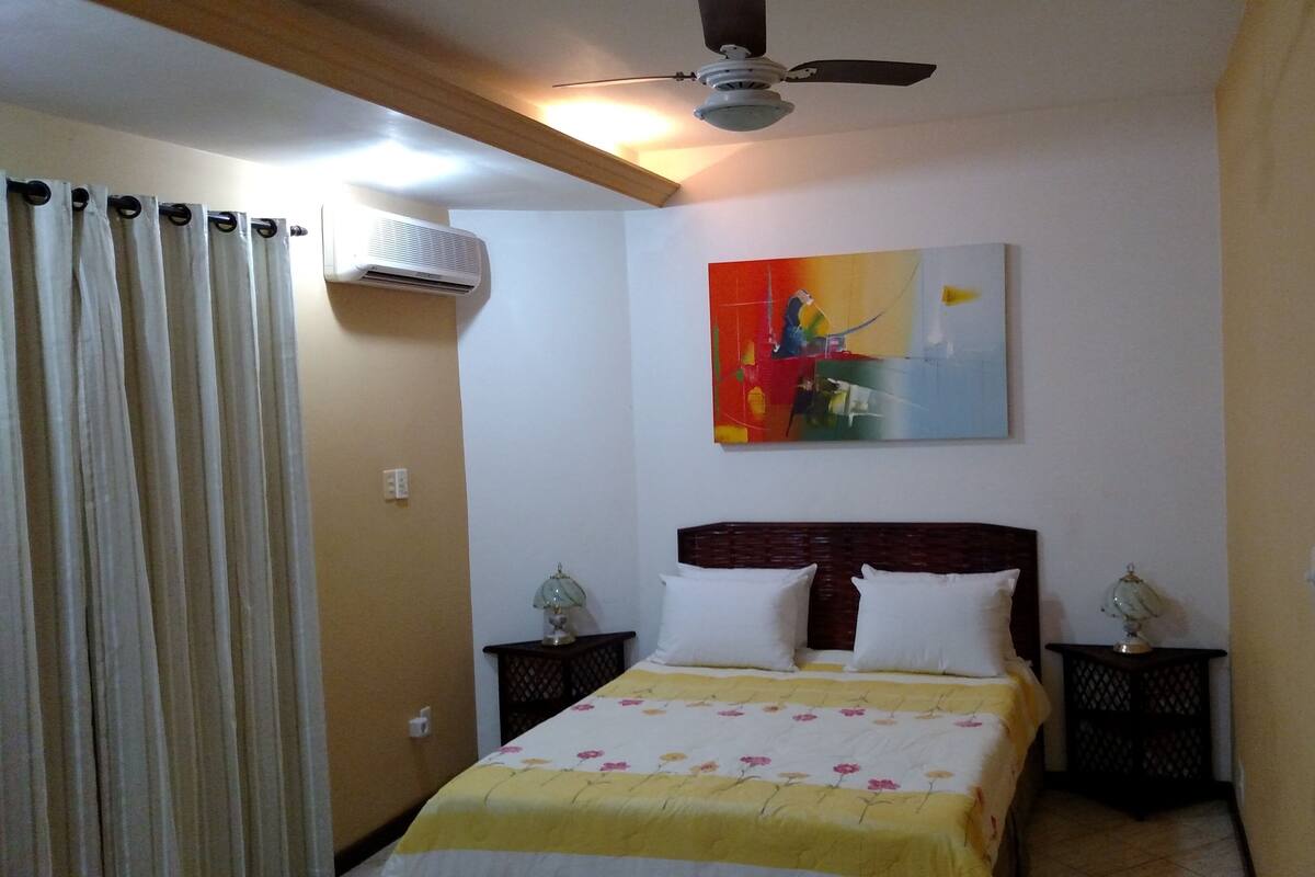 Un dormitorio con cama, ventilador de techo, aire acondicionado, un cuadro y una mesita de noche con lámpara.