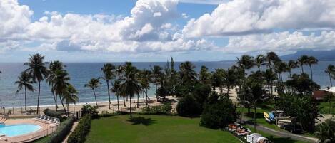 Um resort com piscina, palmeiras e vista para o oceano.