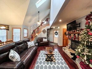 Smart TV, fireplace, video games, DVD player